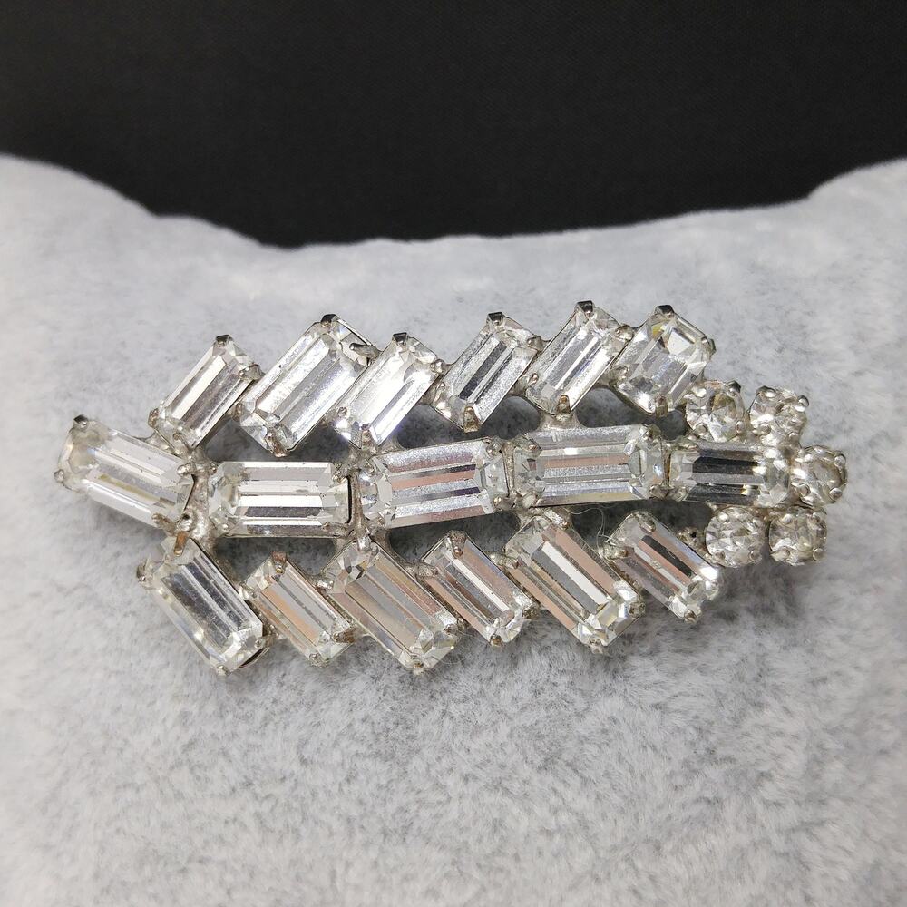 Vintage Clear Baguette Rhinestone Leaf Brooch Rhodium Plated